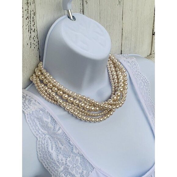 Vintage Various Size Faux Champagne Pearl Multi Strand Statement Layer Necklace - Picture 8 of 9